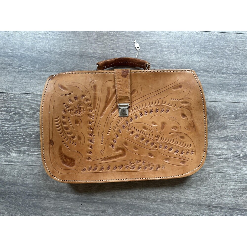 Vintage Tooled Leather Briefcase Western Satchel Hand Tooled Floral Bag
